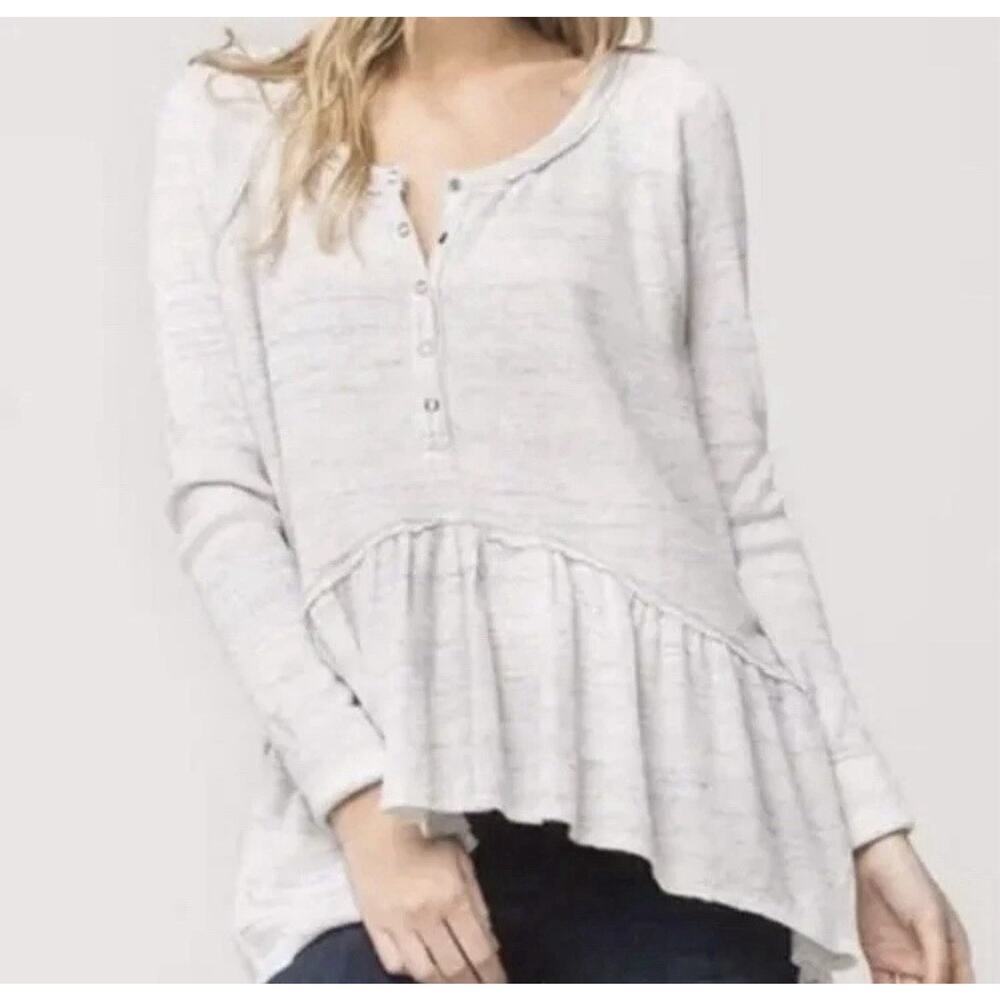 Free People We the Free Coastline Thermal Henley Peplum Tunic Top in Beige Sz M